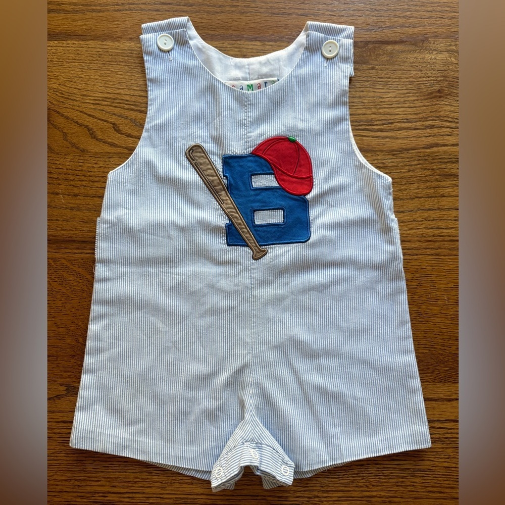 Samara 3T Vintage blue and white Striped Jon-Jon with Baseball/B applique - Picture 1 of 14